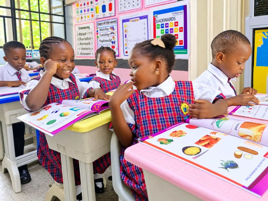 Nursery children in check pinafores reading picture books at their desks